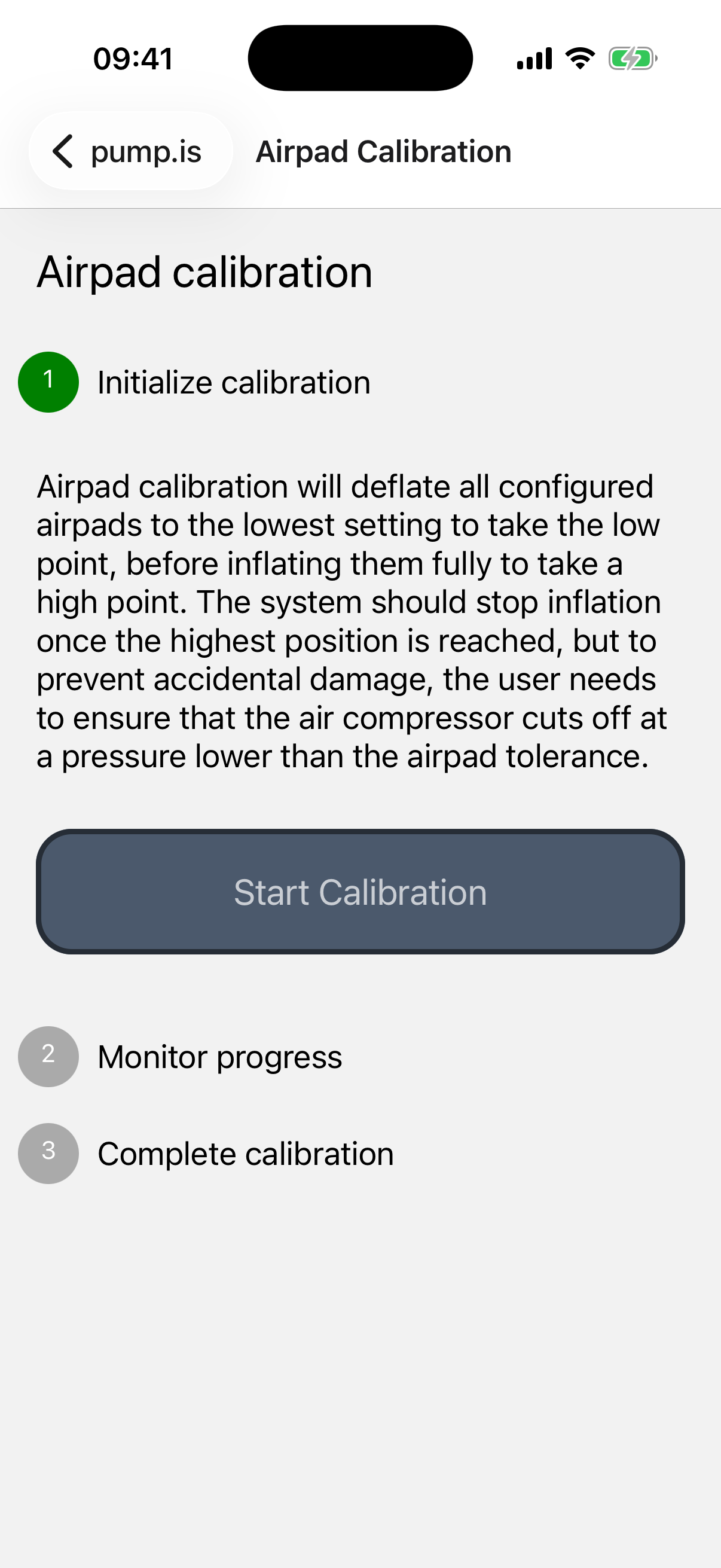 Start screen for air suspension calibration