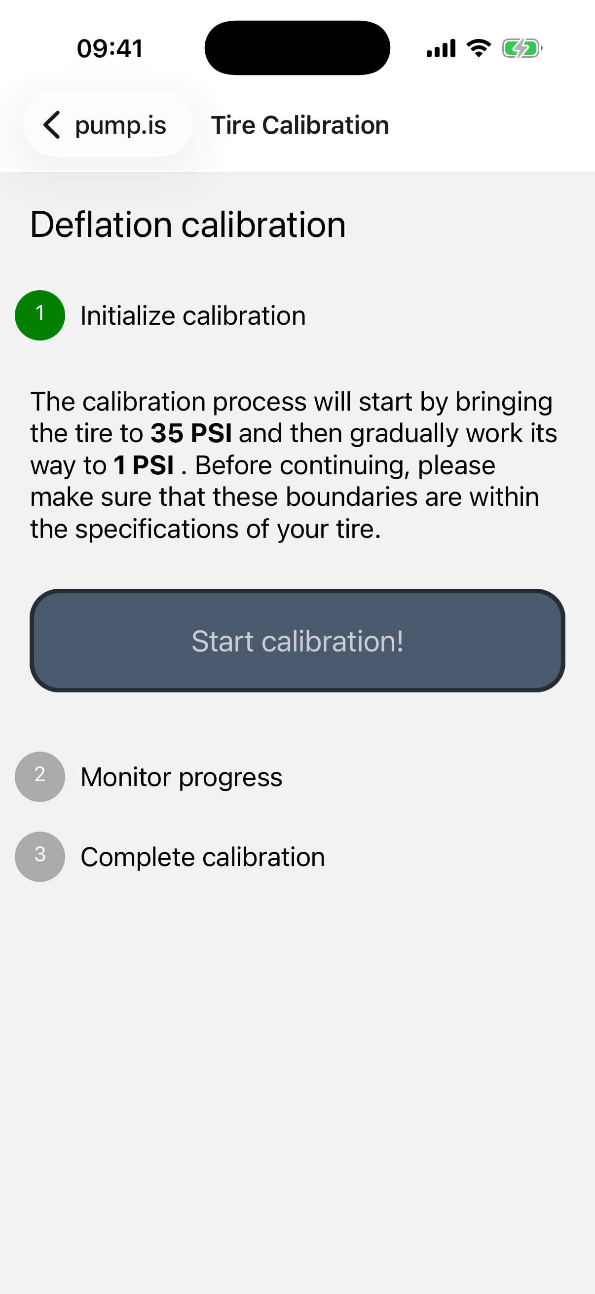 Start screen for tire deflation calibration