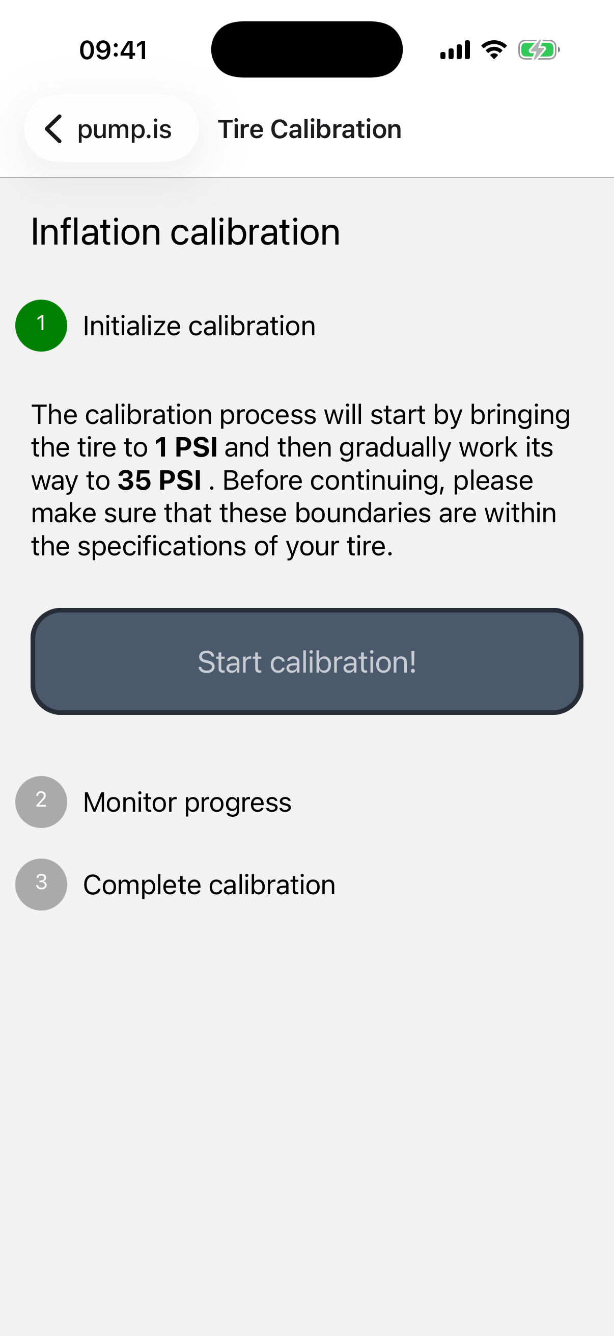 Start screen for tire inflation calibration