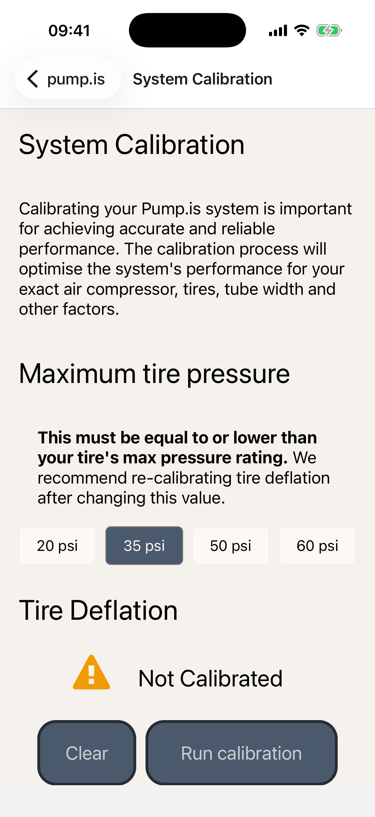 System Calibration overview showing maximum pressure and tire calibration status