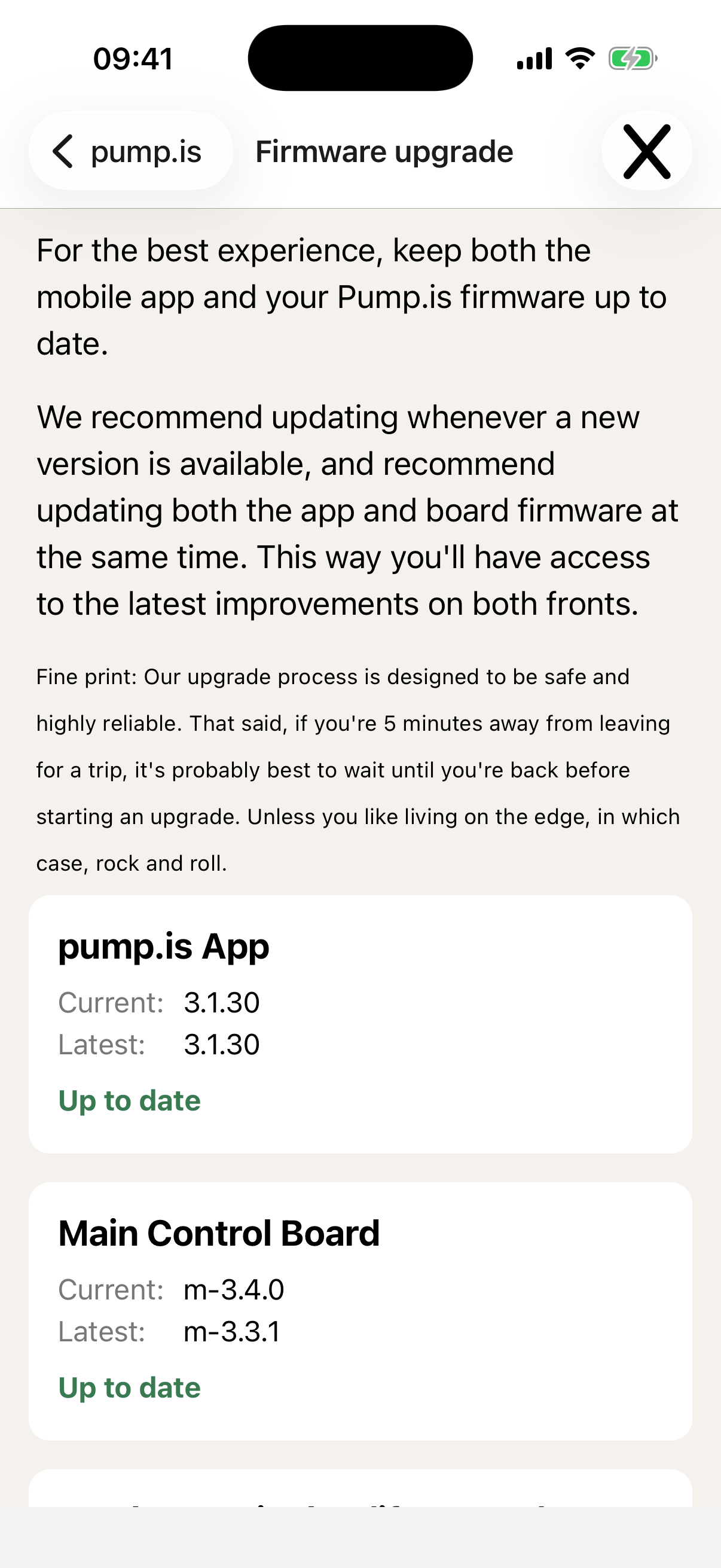 Firmware updates screen showing app, main controller, and hardware display sections