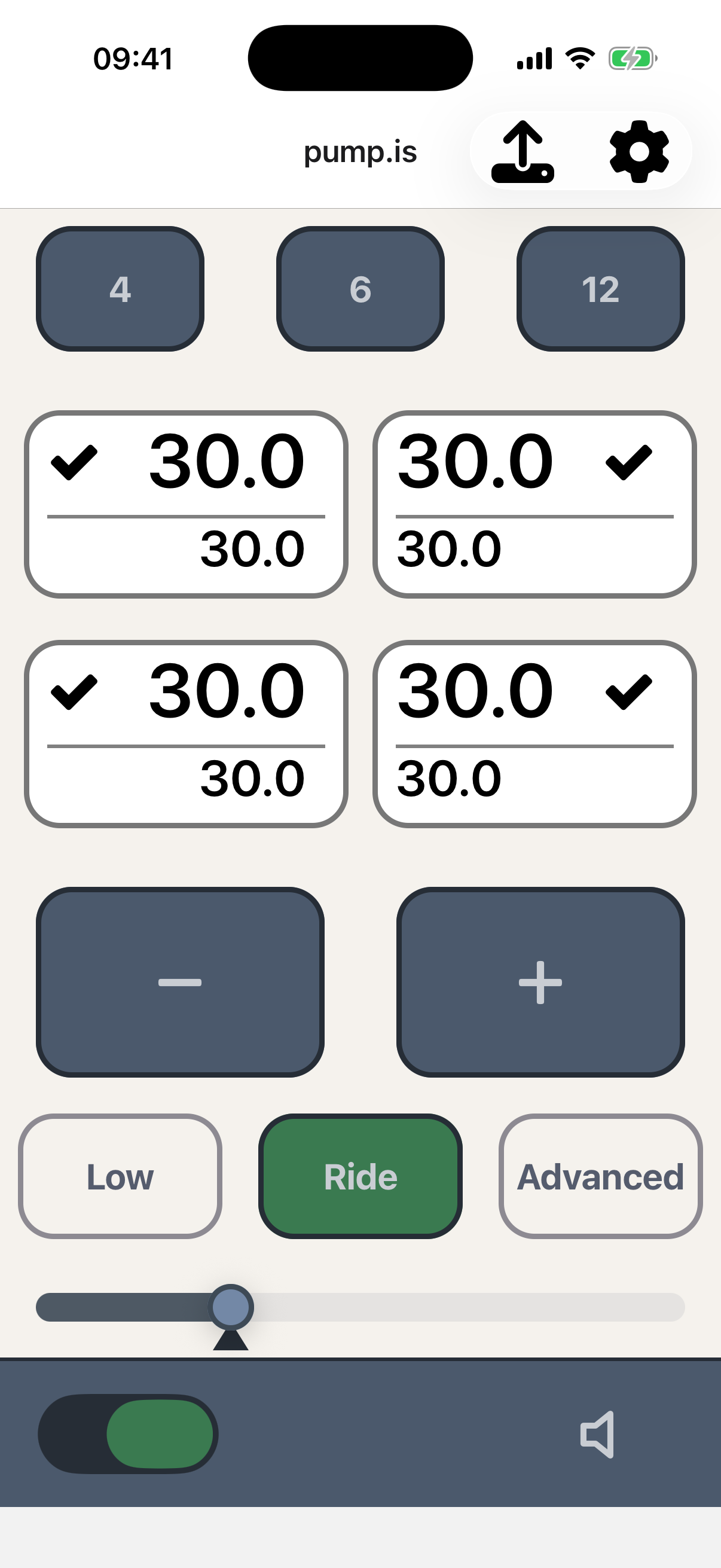 pump.is main screen with Low, Ride, and Advanced air suspension controls