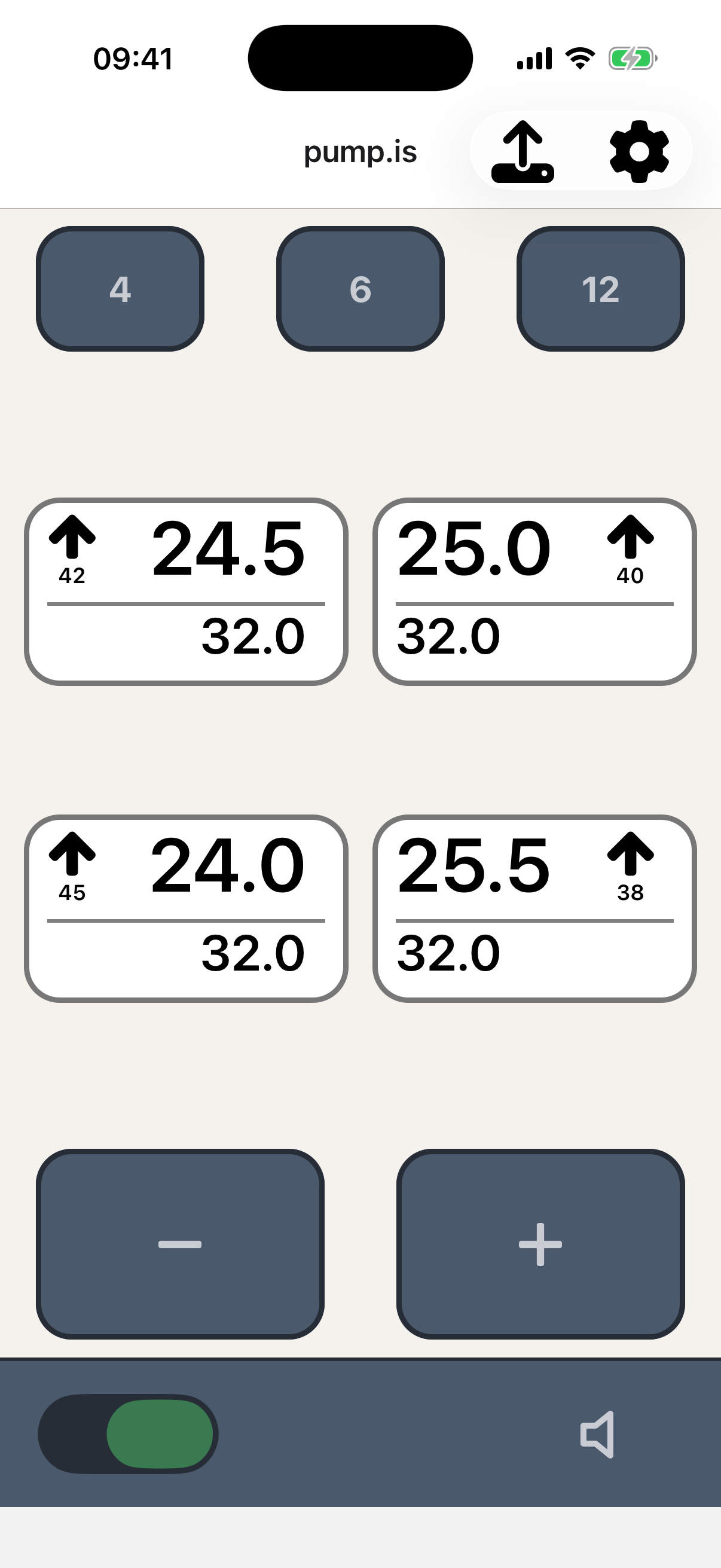 Four tires inflating toward a 32 PSI target in the pump.is app