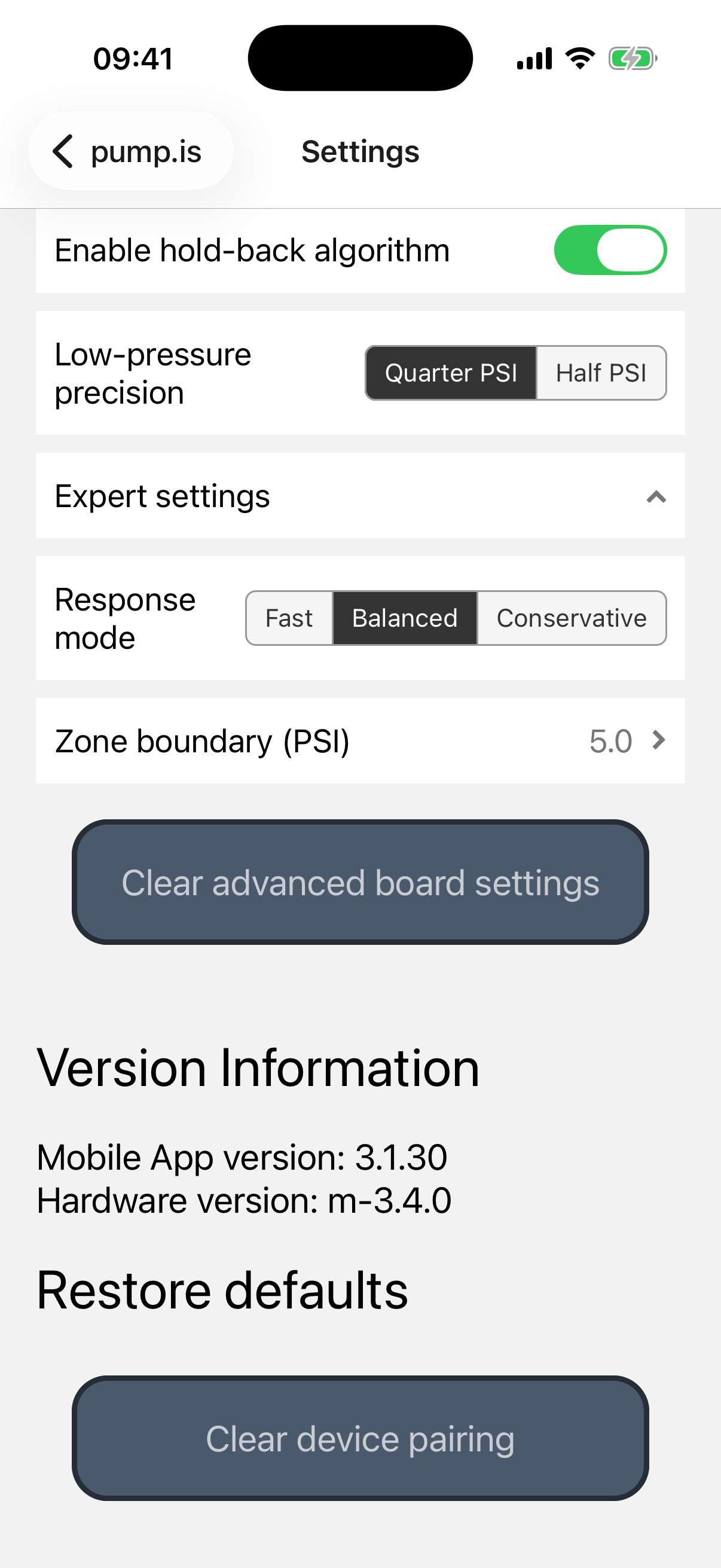 Expanded Expert settings with Response mode and Zone boundary