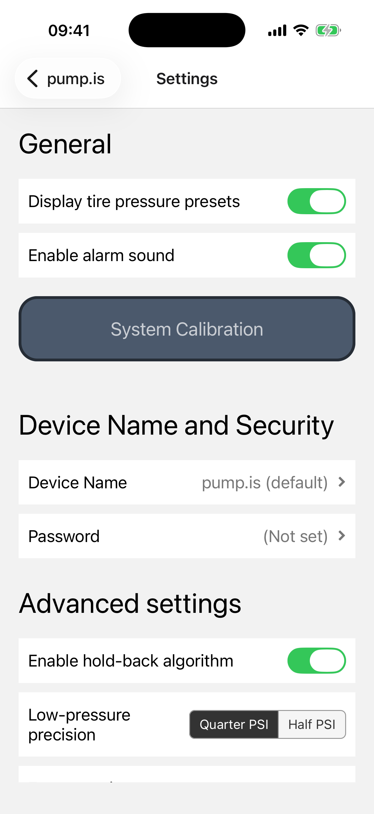 Settings screen in the pump.is mobile app