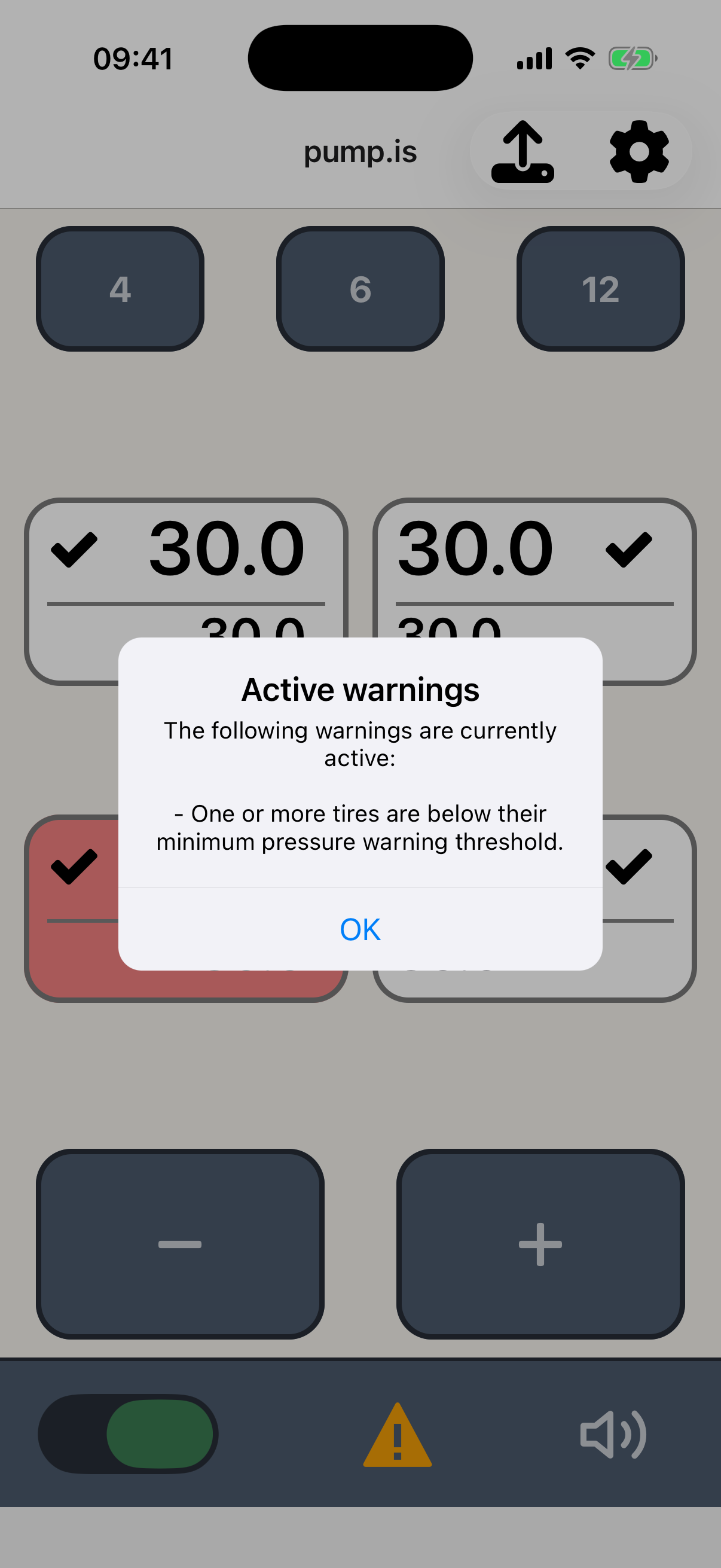 Active warnings dialog describing a low-pressure tire